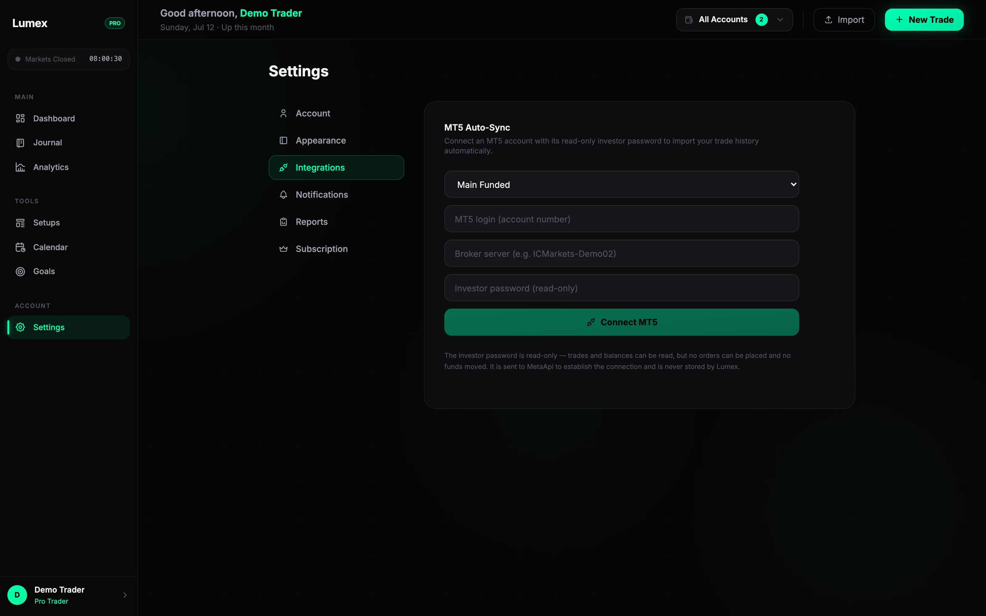 Lumex Settings — MT5 Auto-Sync: connect an MT5 account with its read-only investor password